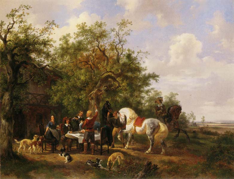 Compagny with horses and dogs at an inn
